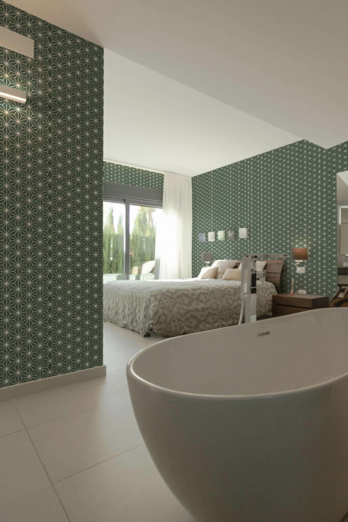 Modern style bedroom with open bathroom decorated with Modern geometric kitchen peel and stick wallpaper