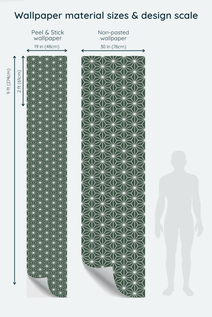 Size comparison of Modern geometric star Peel & Stick and Non-pasted wallpapers with design scale relative to human figure