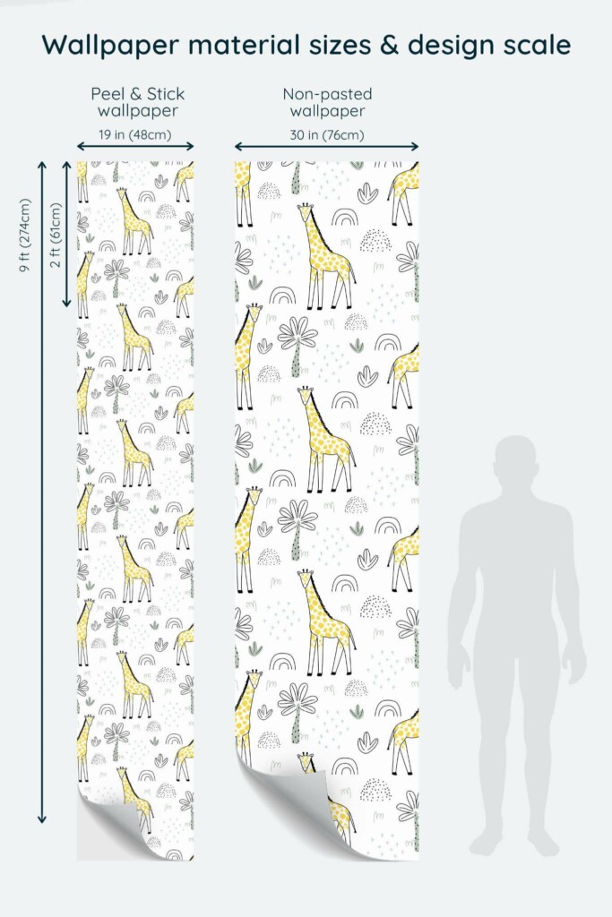 Size comparison of Modern giraffe Peel & Stick and Non-pasted wallpapers with design scale relative to human figure