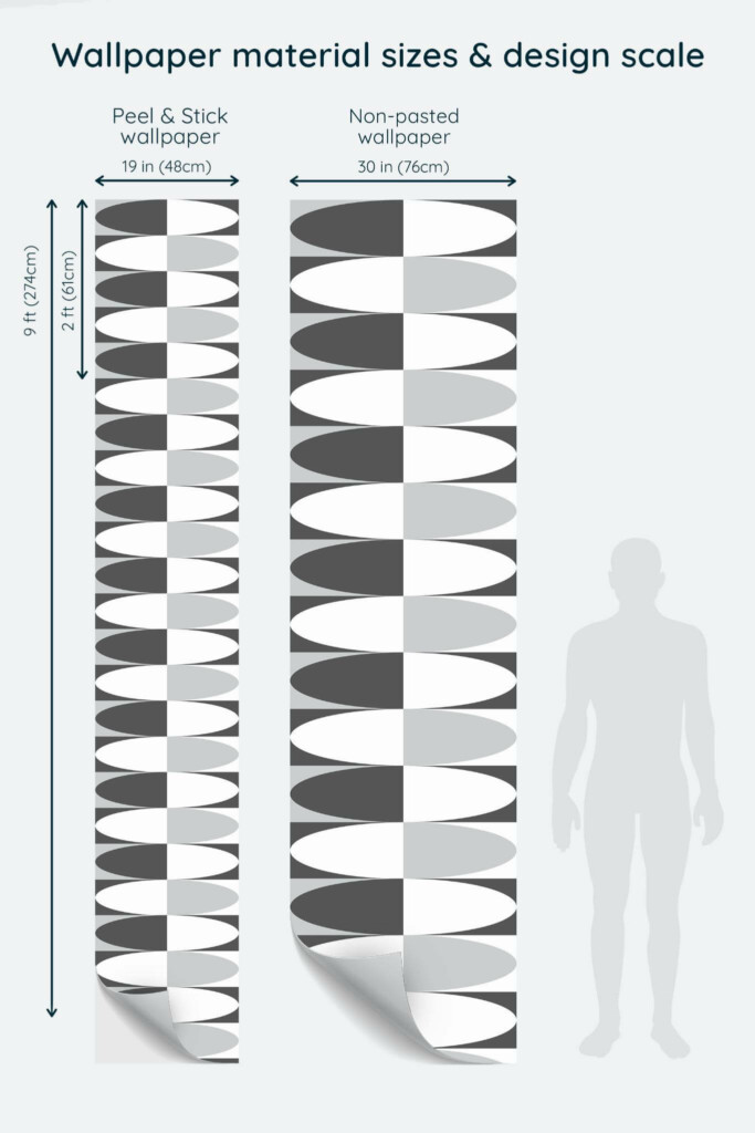 Size comparison of Modern graphic Peel & Stick and Non-pasted wallpapers with design scale relative to human figure