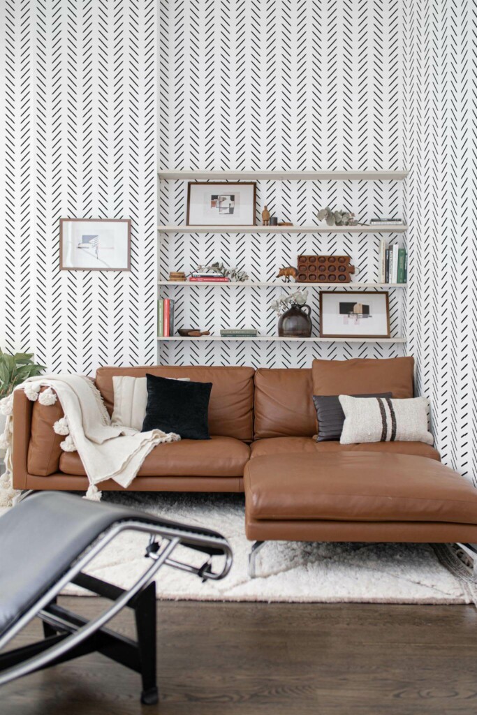 Mid-century modern style dining room decorated with Modern herringbone peel and stick wallpaper