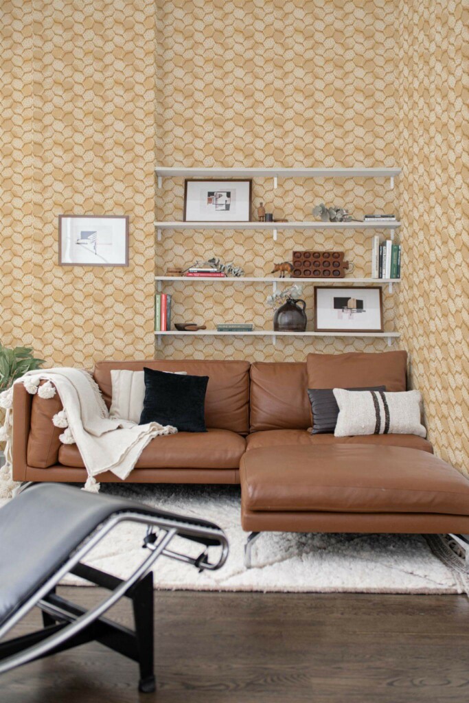 Mid-century modern style dining room decorated with Modern Honeycomb peel and stick wallpaper