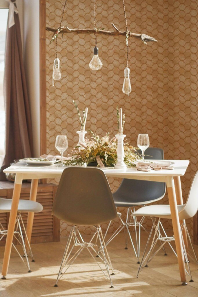 Modern boho style dining room decorated with Modern Honeycomb peel and stick wallpaper