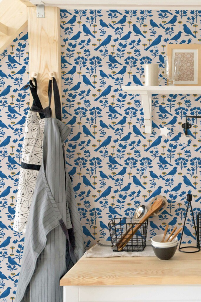 Unpasted wallpaper with blue bird and yellow flower pattern by Fancy Walls