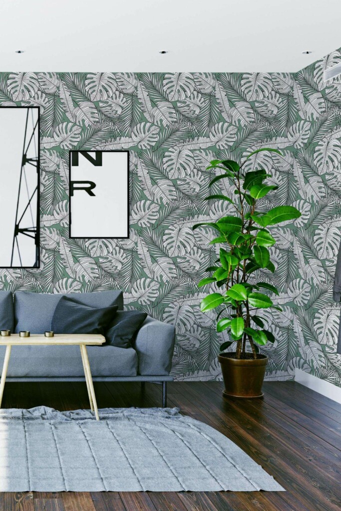 Modern scandinavian style living room decorated with Modern Leaves peel and stick wallpaper