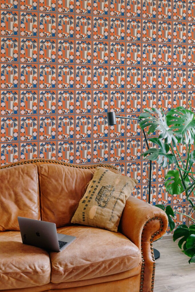 Fancy Walls timeless Orange Geometric traditional wallpaper for Living room walls.