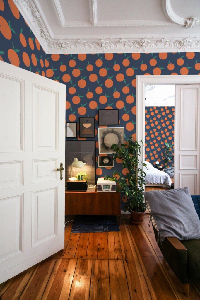 Mid-century modern luxury style living room and bedroom decorated with Modern orange peel and stick wallpaper