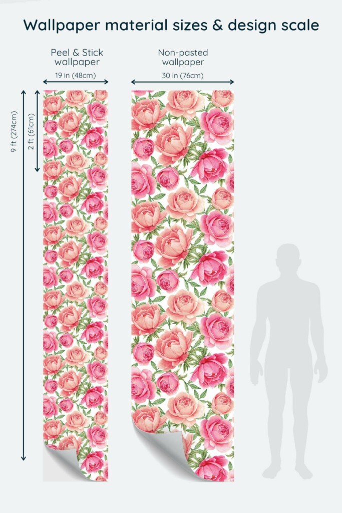 Size comparison of Modern peony Peel & Stick and Non-pasted wallpapers with design scale relative to human figure