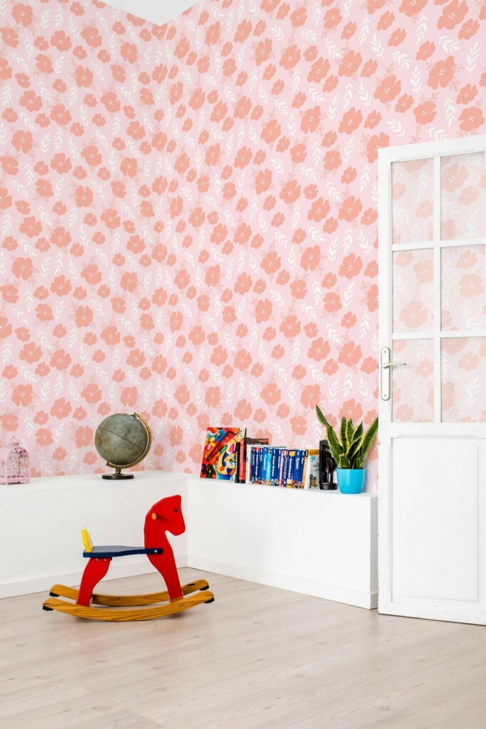 Scandinavian style kids room decorated with Modern pink floral peel and stick wallpaper