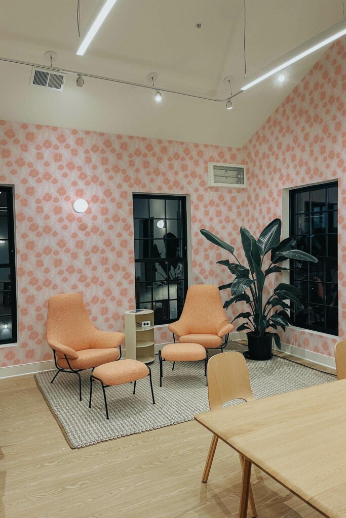 Minimal style living room decorated with Modern pink floral peel and stick wallpaper and mid-century style chairs