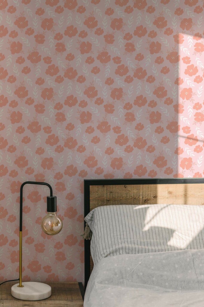Minimal modern style bedroom decorated with Modern pink floral peel and stick wallpaper
