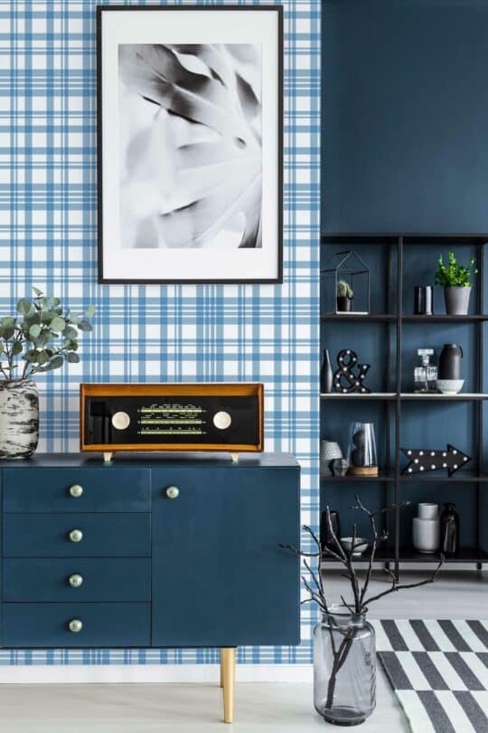 plaid blue traditional wallpaper