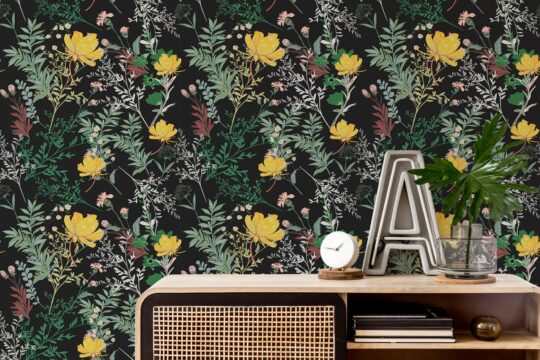 floral black and yellow traditional wallpaper