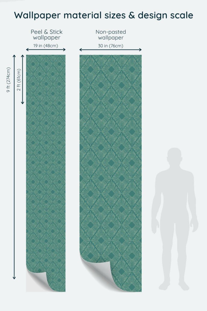 Size comparison of Modern rhombus Peel & Stick and Non-pasted wallpapers with design scale relative to human figure