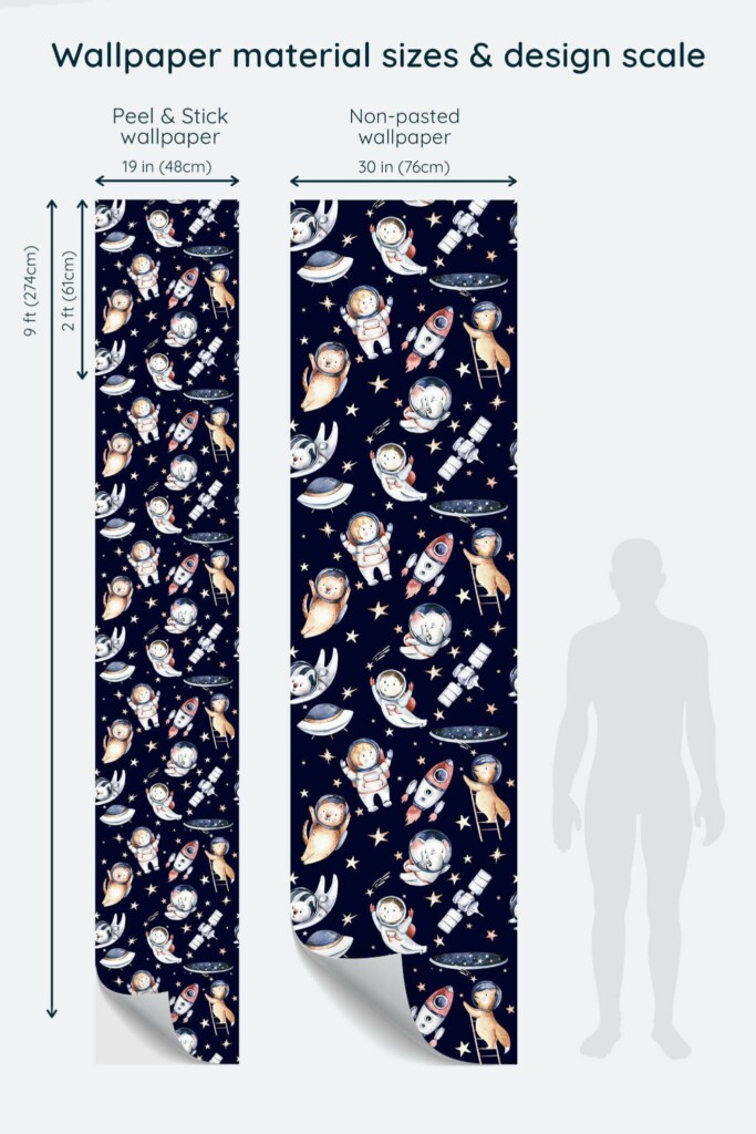 Size comparison of Modern space Peel & Stick and Non-pasted wallpapers with design scale relative to human figure