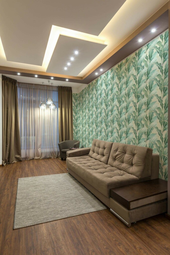 Modern Eastern European style living room decorated with Modern tropical leaf peel and stick wallpaper