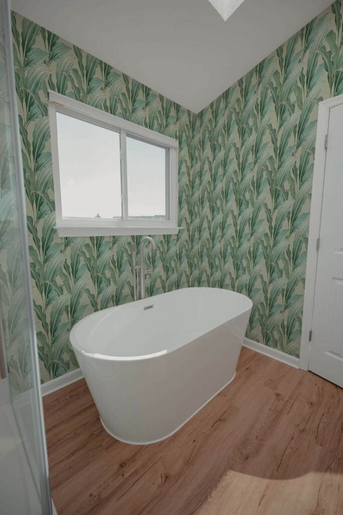 Modern style bathroom decorated with Modern tropical leaf peel and stick wallpaper