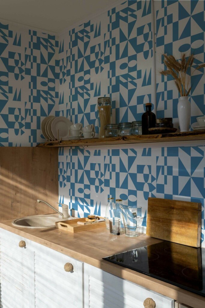 Minimal bohemian style kitchen decorated with Modernism geometric peel and stick wallpaper