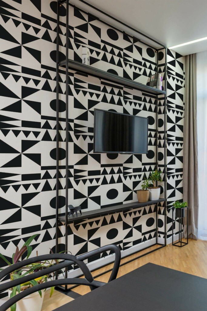Industrial style living room decorated with Modernist geometry peel and stick wallpaper