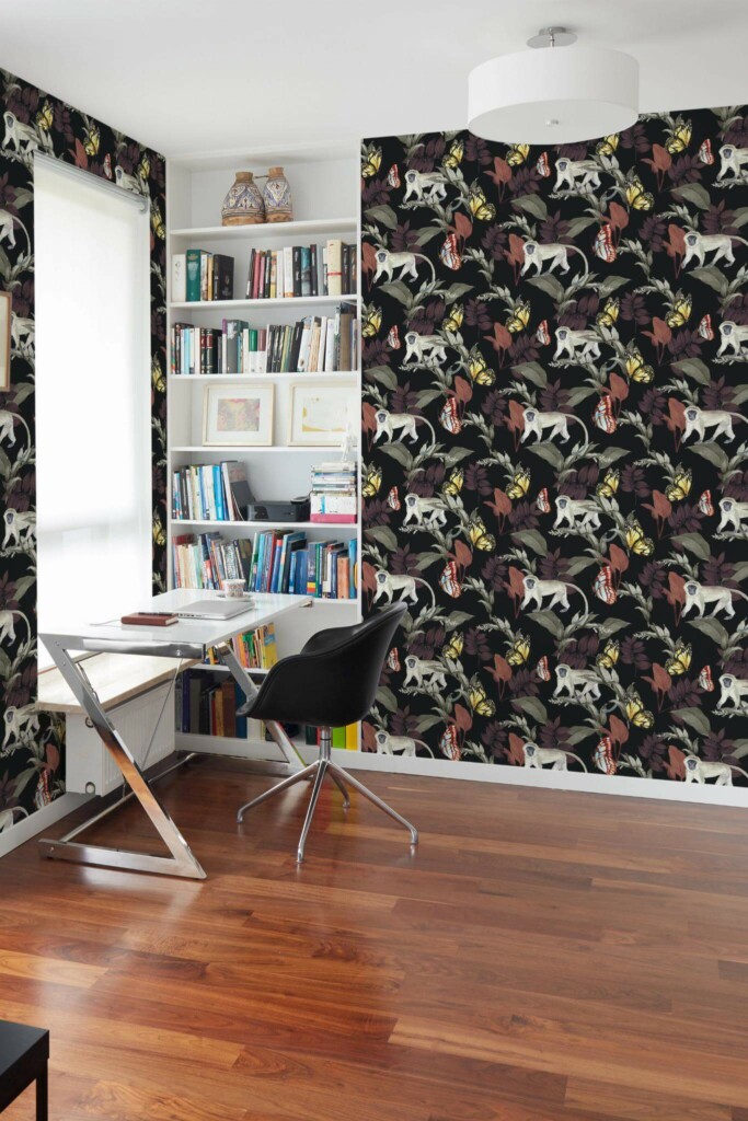 Minimal style home office decorated with Monkey dark botanic peel and stick wallpaper