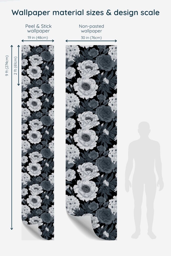 Fancy Walls Gray Floral wallpaper for Dining room walls in Botanical style self-adhesive wallpaper.