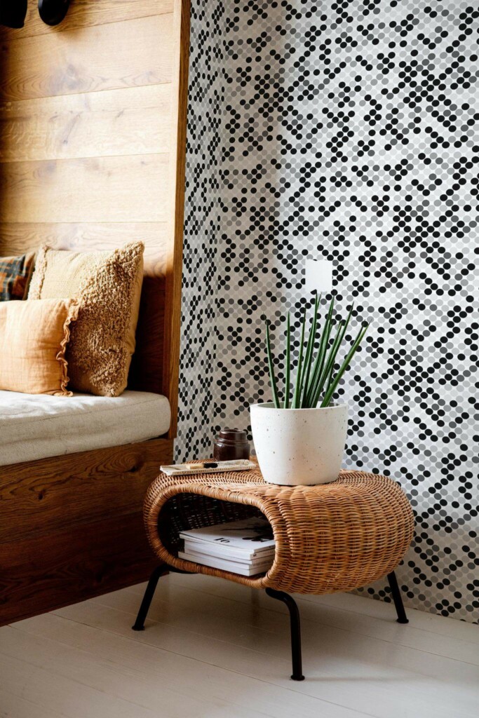 Mid-century modern style bedroom decorated with Monochrome polka dots peel and stick wallpaper