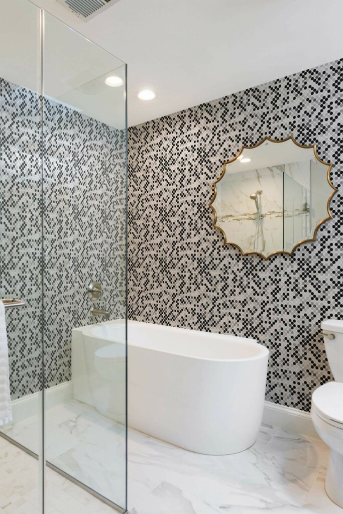 Minimal modern style bathroom decorated with Monochrome polka dots peel and stick wallpaper