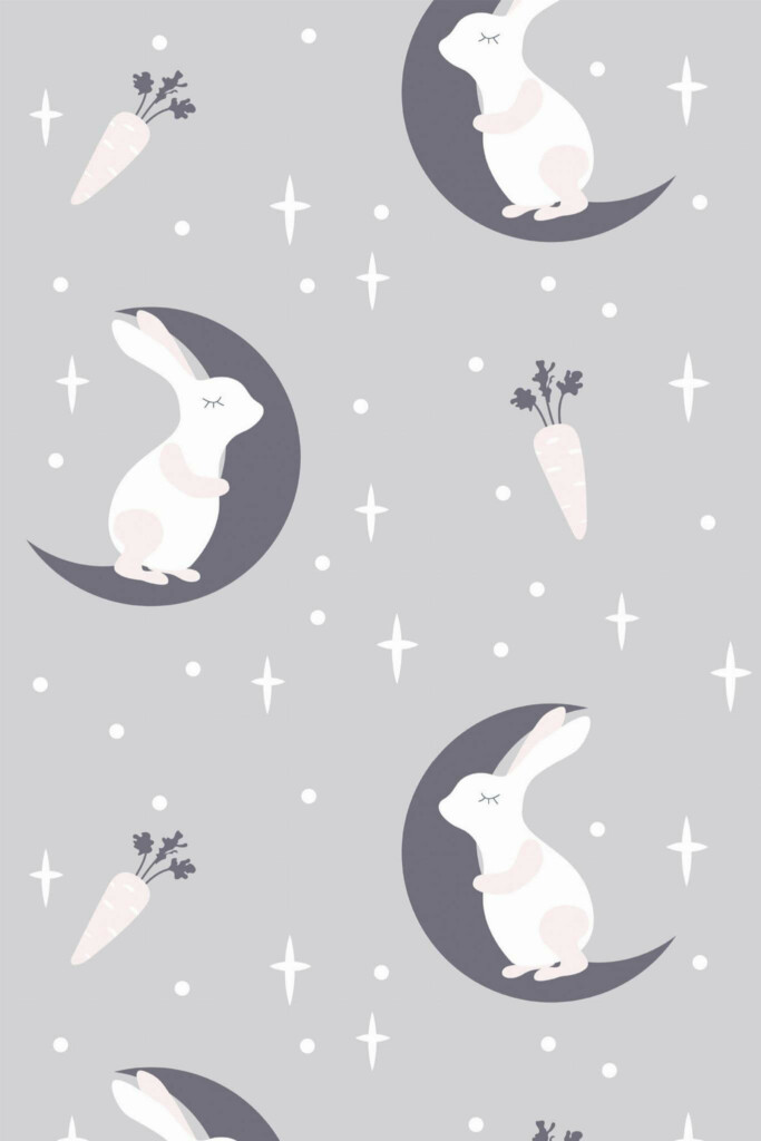 Pattern repeat of Moon and bunny nursery removable wallpaper design