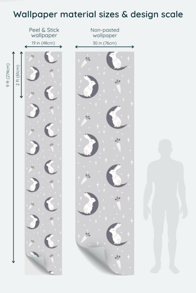 Size comparison of Moon and bunny nursery Peel & Stick and Non-pasted wallpapers with design scale relative to human figure