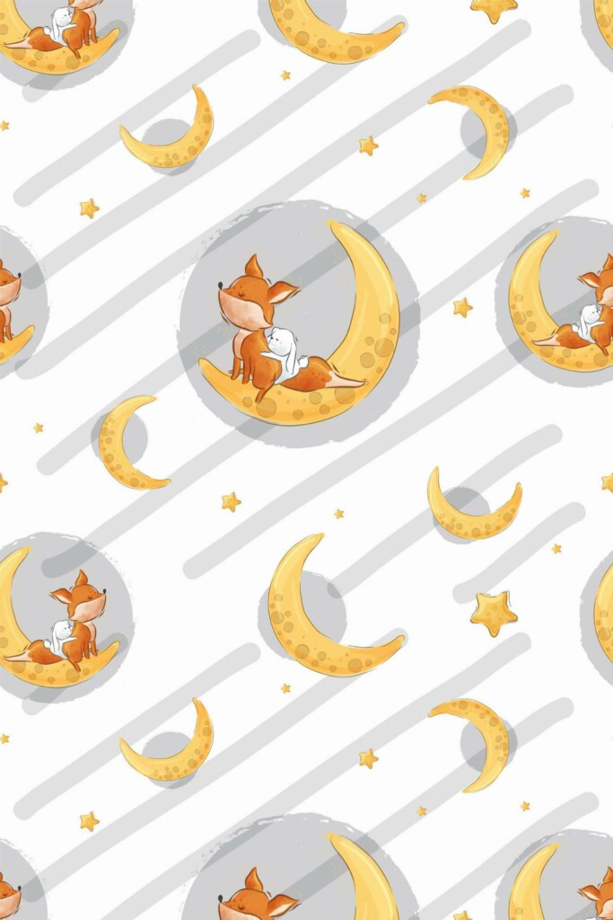 Pattern repeat of Moon and fox removable wallpaper design