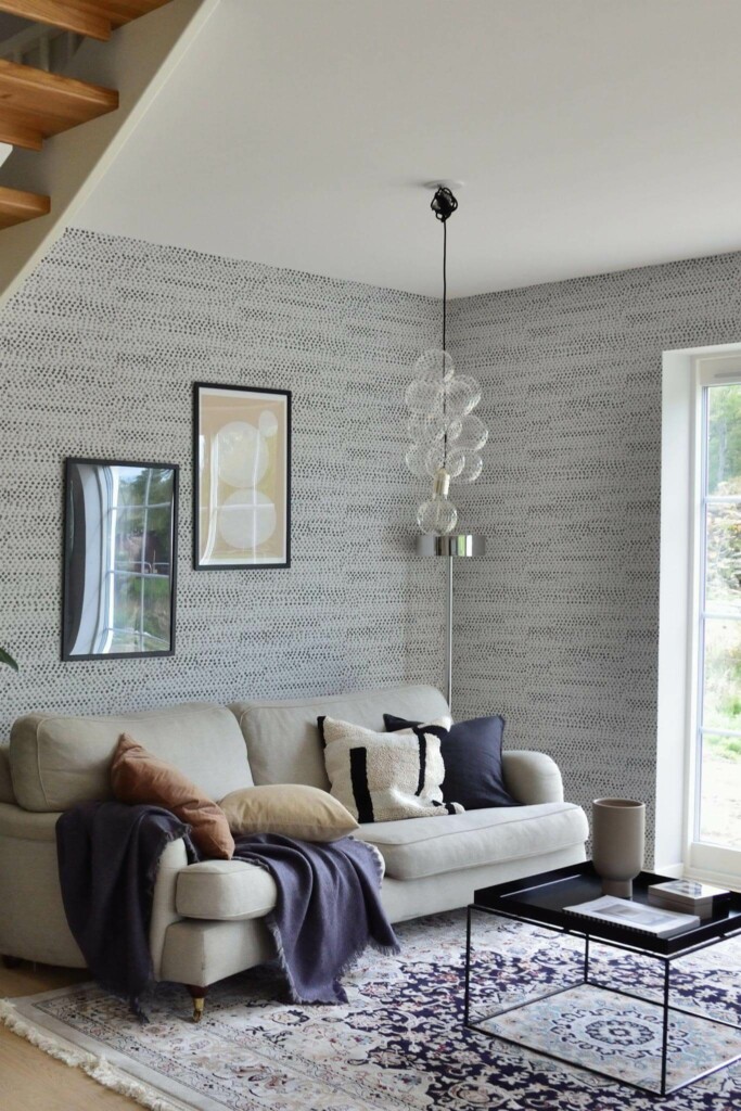 Contemporary style living room and kitchendecorated with Moon dots peel and stick wallpaper