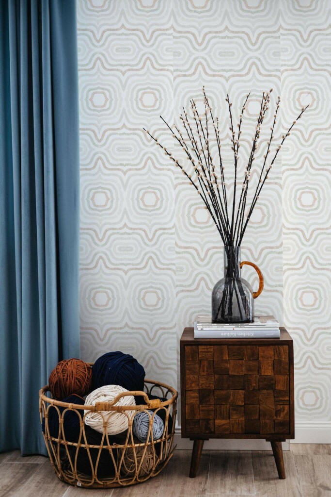 Coastal style living room decorated with Moroccan boho peel and stick wallpaper