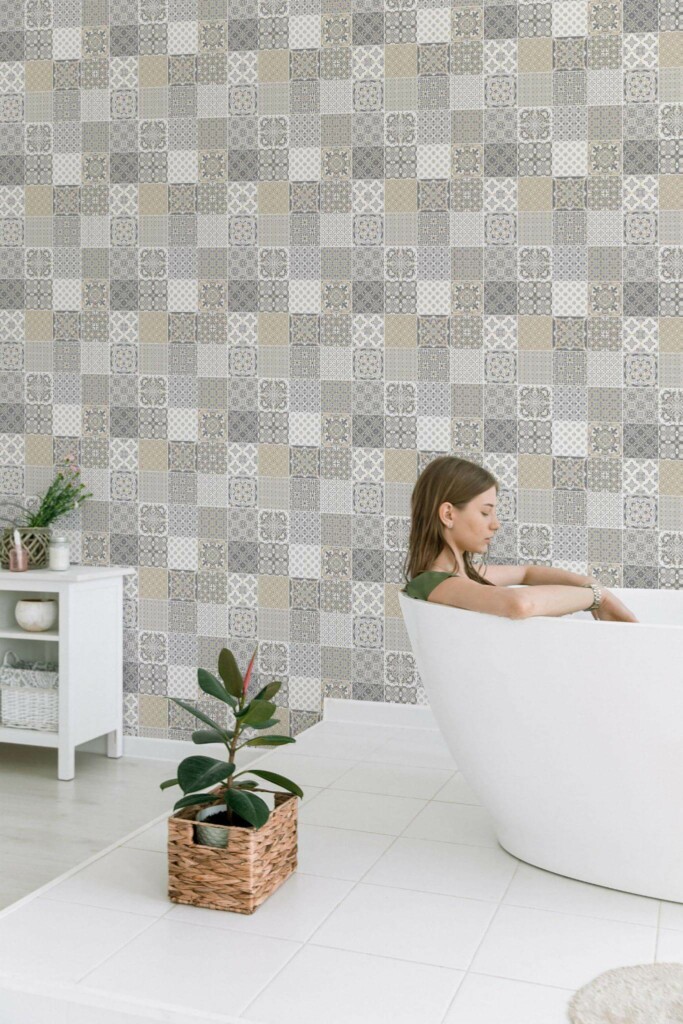 Minimal style bathroom decorated with Moroccan mosaic peel and stick wallpaper