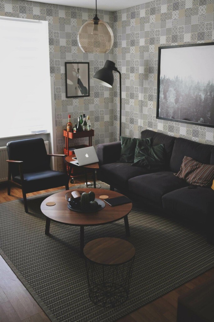 Modern dark industrial style living room decorated with Moroccan mosaic peel and stick wallpaper