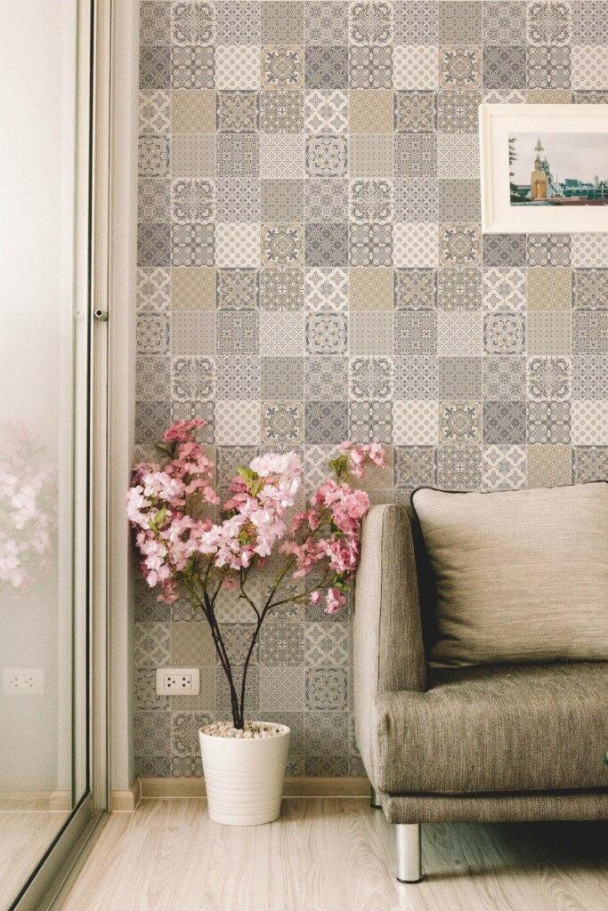 Modern farmhouse style living room decorated with Moroccan mosaic peel and stick wallpaper