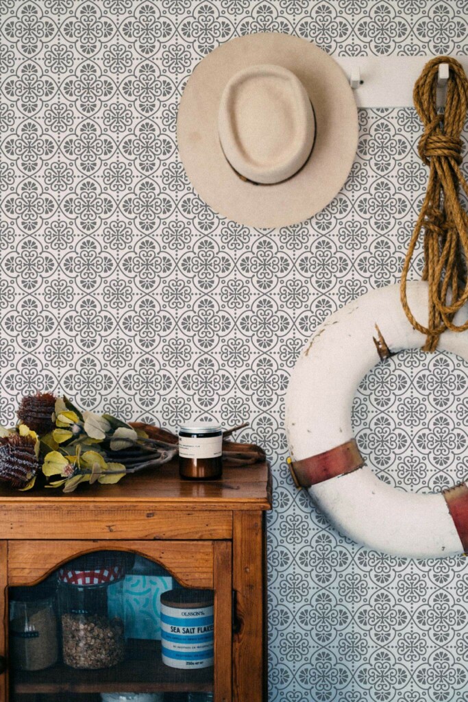 Coastal nautical style living room decorated with Moroccan peel and stick wallpaper