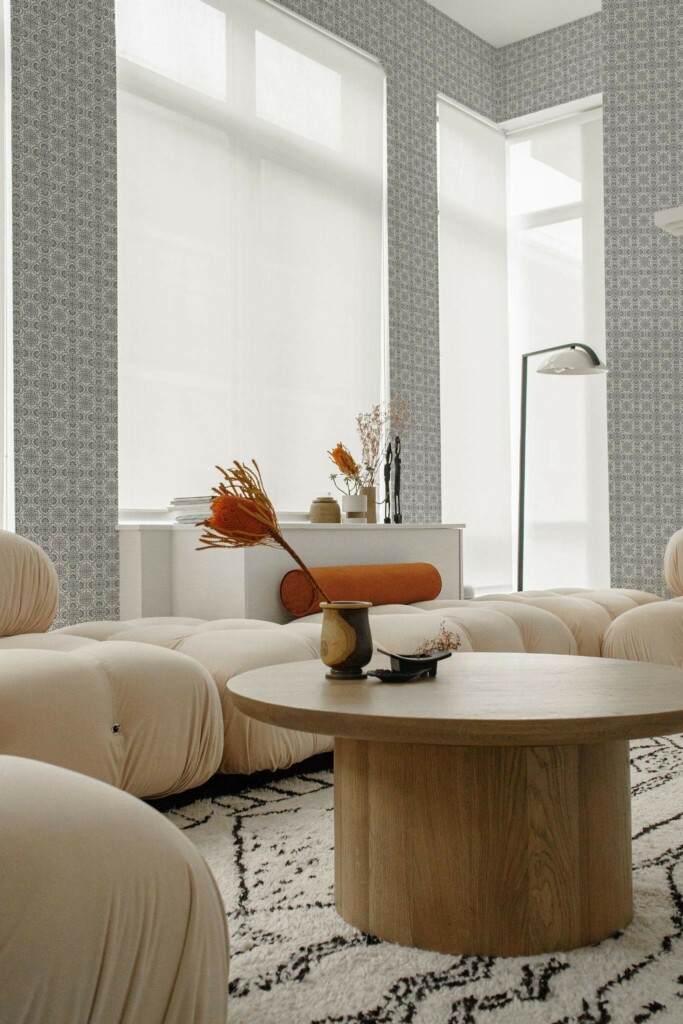 Contemporary style living room decorated with Moroccan peel and stick wallpaper