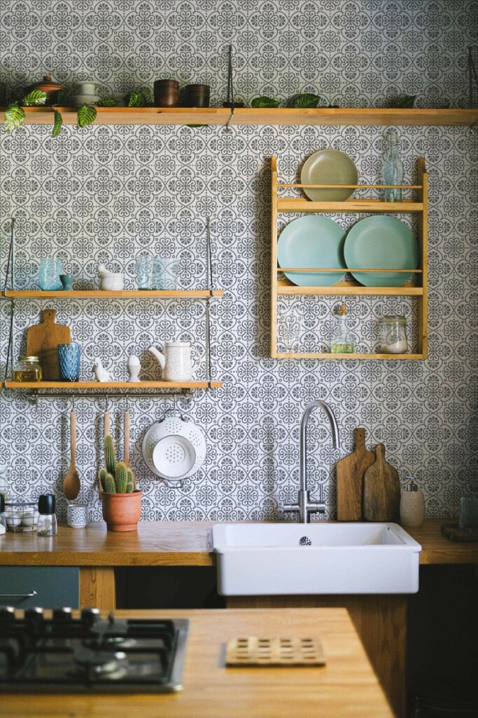 Rustic farmhouse style kitchen decorated with Moroccan peel and stick wallpaper