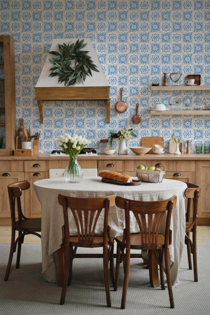 Boho farmhouse style kitchen dining room decorated with Moroccan Tile peel and stick wallpaper