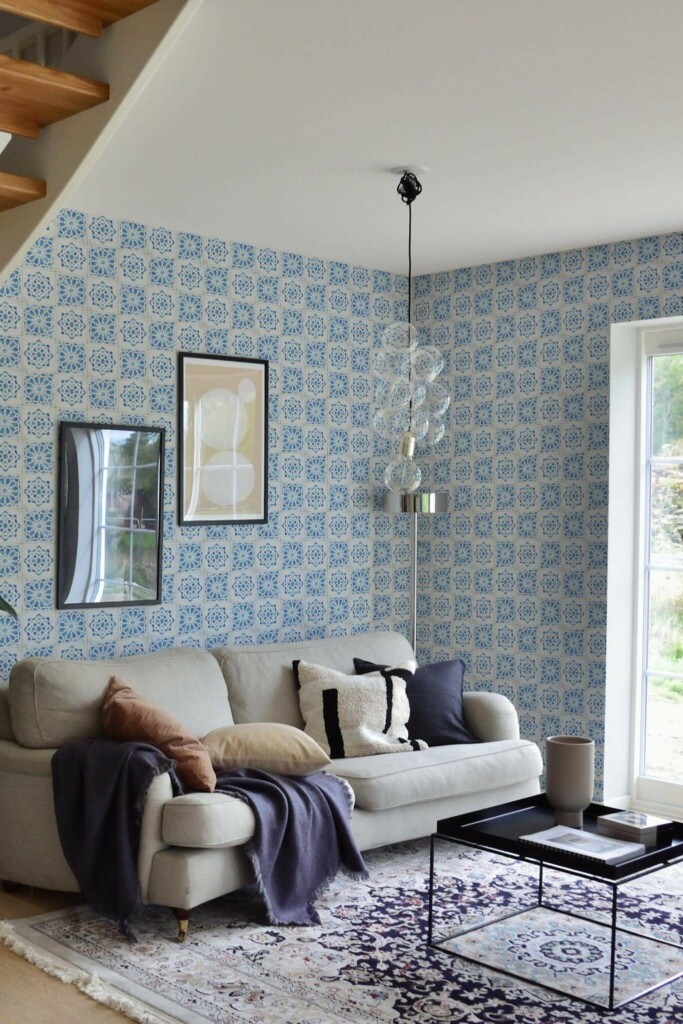 Contemporary style living room and kitchendecorated with Moroccan Tile peel and stick wallpaper