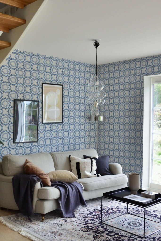 Contemporary style living room and kitchendecorated with Morocco circles peel and stick wallpaper