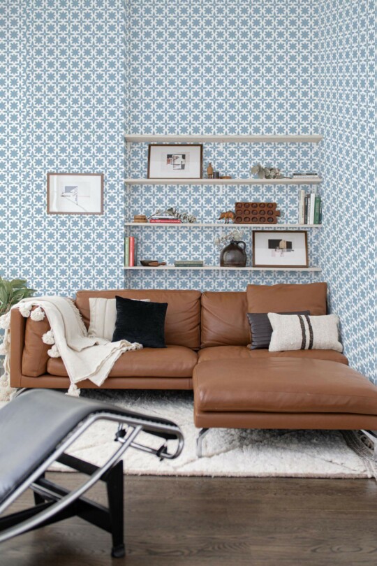 Mid-century modern style living room decorated with Morocco peel and stick wallpaper
