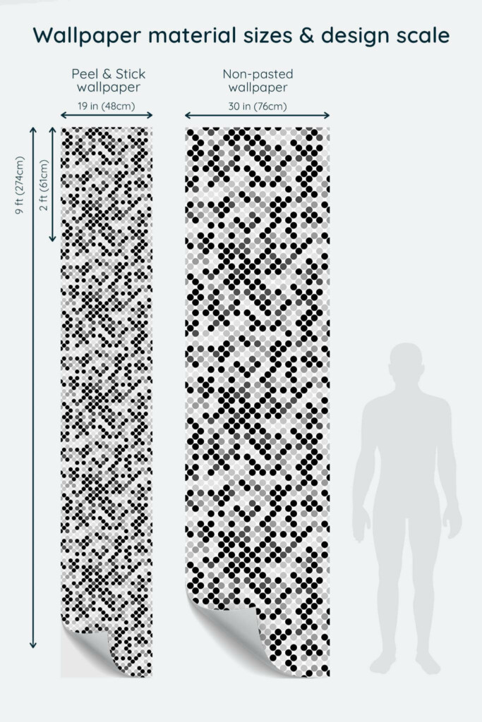 Size comparison of Mosaic dot Peel & Stick and Non-pasted wallpapers with design scale relative to human figure