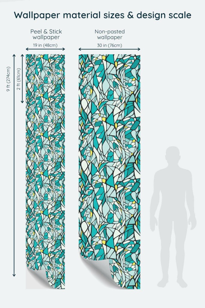 Size comparison of Mosaic Peel & Stick and Non-pasted wallpapers with design scale relative to human figure