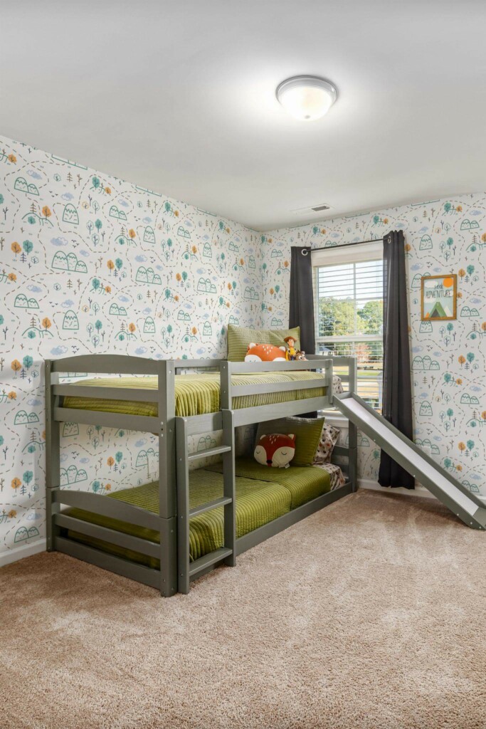 MId-century modern style kids room decorated with Mountain nursery peel and stick wallpaper