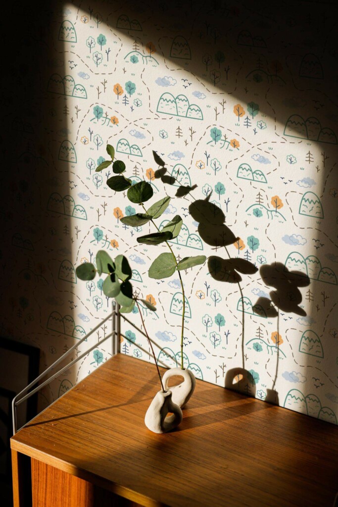 Mid-century style living room decorated with Mountain nursery peel and stick wallpaper