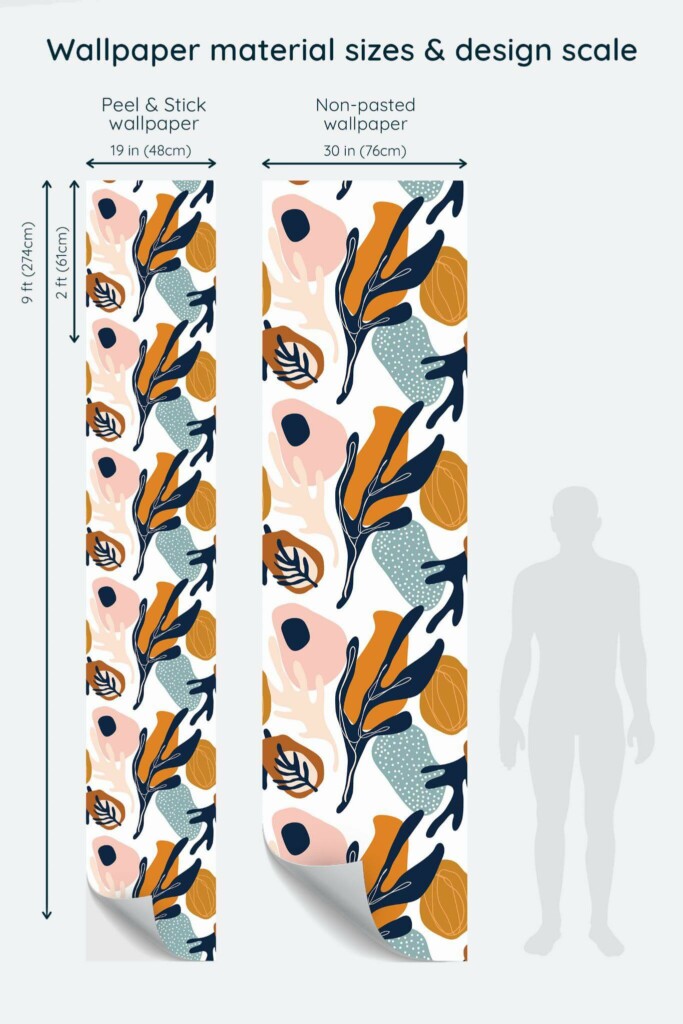 Size comparison of Multicolor abstract leaf Peel & Stick and Non-pasted wallpapers with design scale relative to human figure