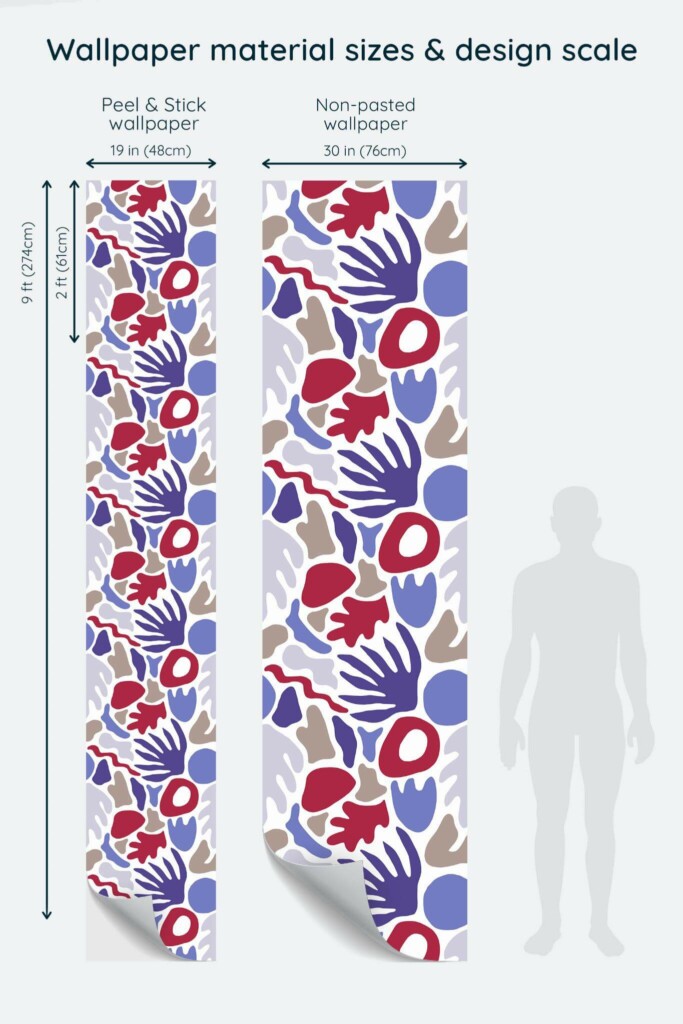 Size comparison of Multicolor abstract seaweed Peel & Stick and Non-pasted wallpapers with design scale relative to human figure