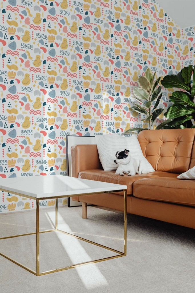 Mid-century modern style living room with dog on a sofa decorated with Multicolor abstract shapes peel and stick wallpaper