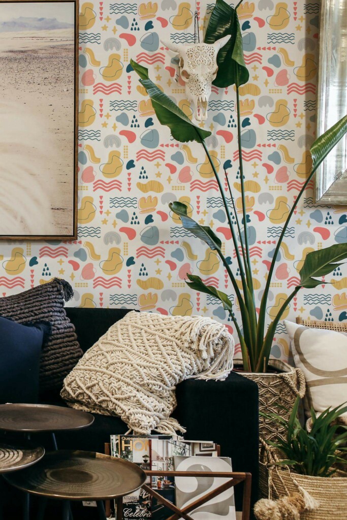 Scandinavian style living room decorated with Multicolor abstract shapes peel and stick wallpaper